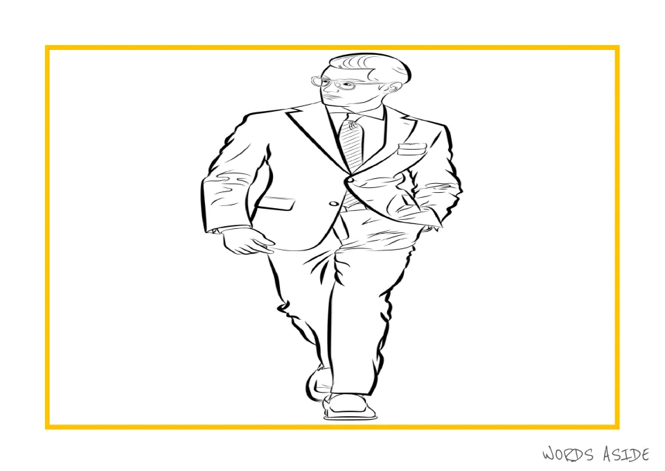 Man illustration in the story-writing packet: a full-length figure wearing glasses, a suit, and a necktie
