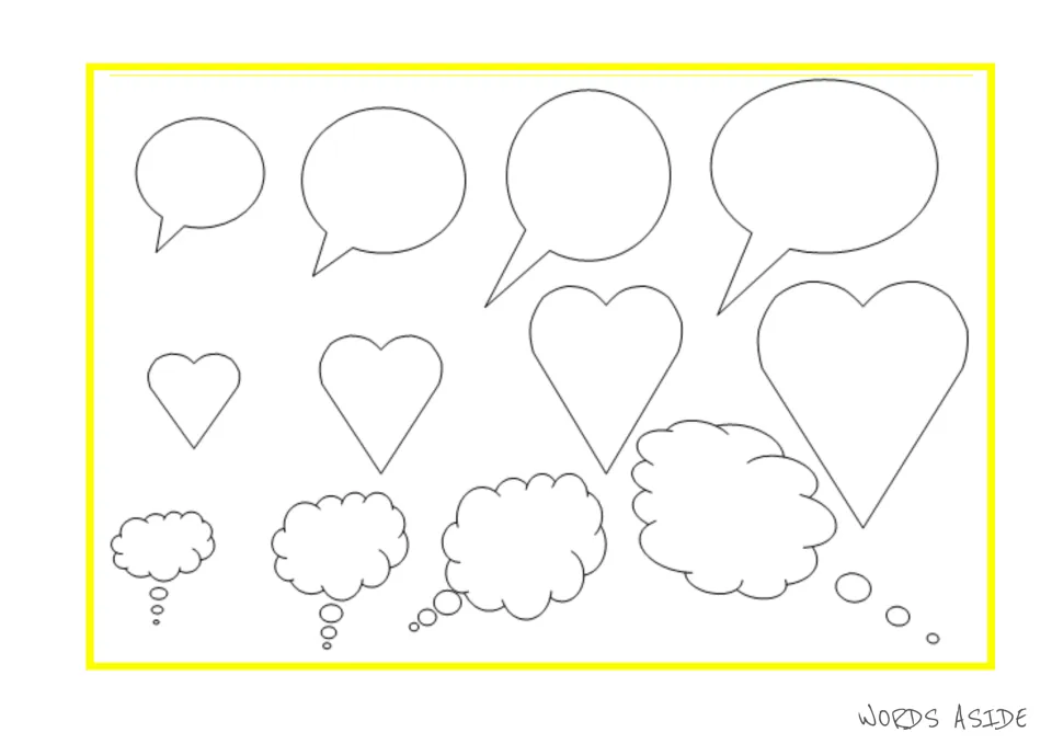 Story planning shapes include four speech bubbles, four hearts, and four thought bubbles in varying sizes