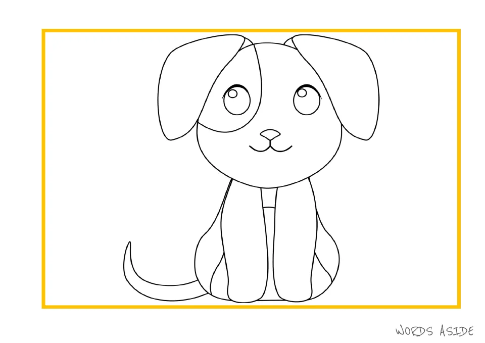 Puppy illustration in the creative writing packet shows a seated dog with floppy ears and an eye patch