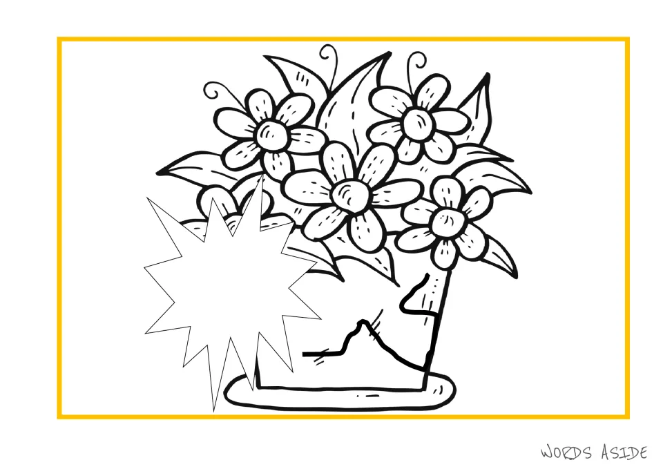 Flowerpot illustration in the story writing packet shows flowers in a cracked pot beside an empty burst