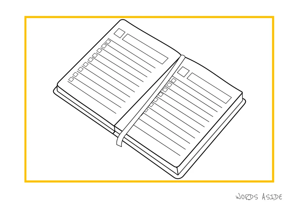 Open notebook illustration in the creative writing packet shows a two-page spread and a ribbon bookmark