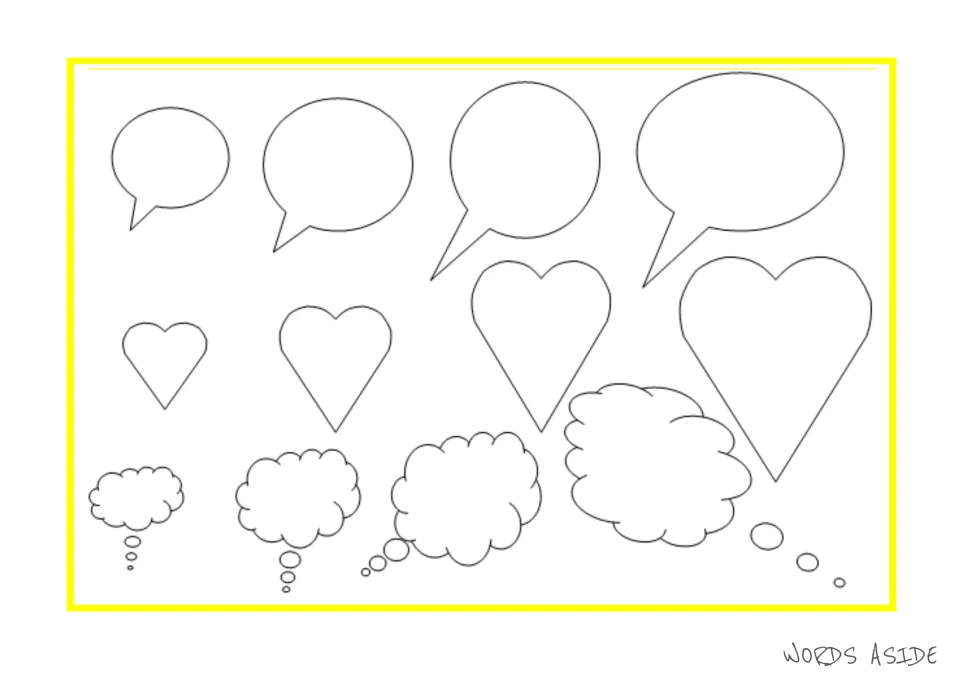 Story-development template sheet containing four speech bubbles, four hearts, and four thought bubbles