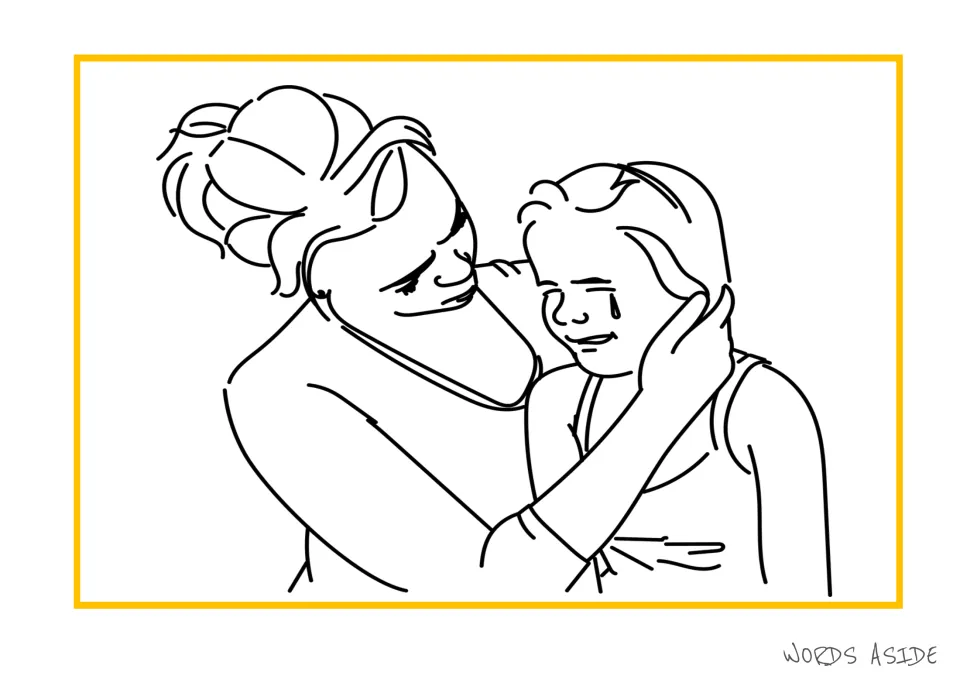 Story-development illustration of one person comforting another who is crying, for an original story