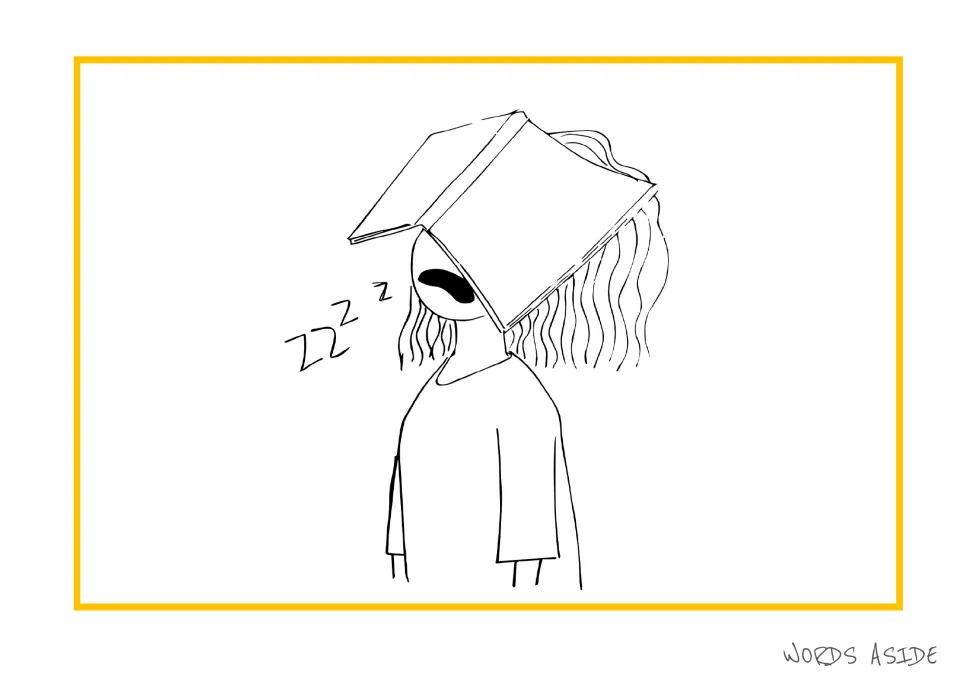 Story-development illustration of a sleeping person with an open book over their face and nearby Z symbols