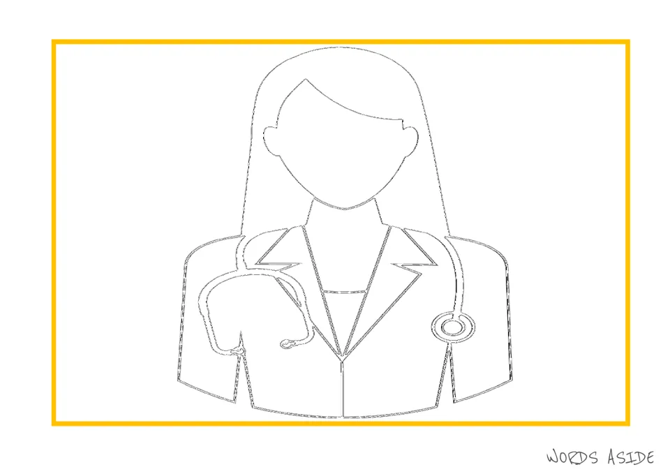 Story-development illustration of a doctor wearing a stethoscope, with facial features left blank to draw