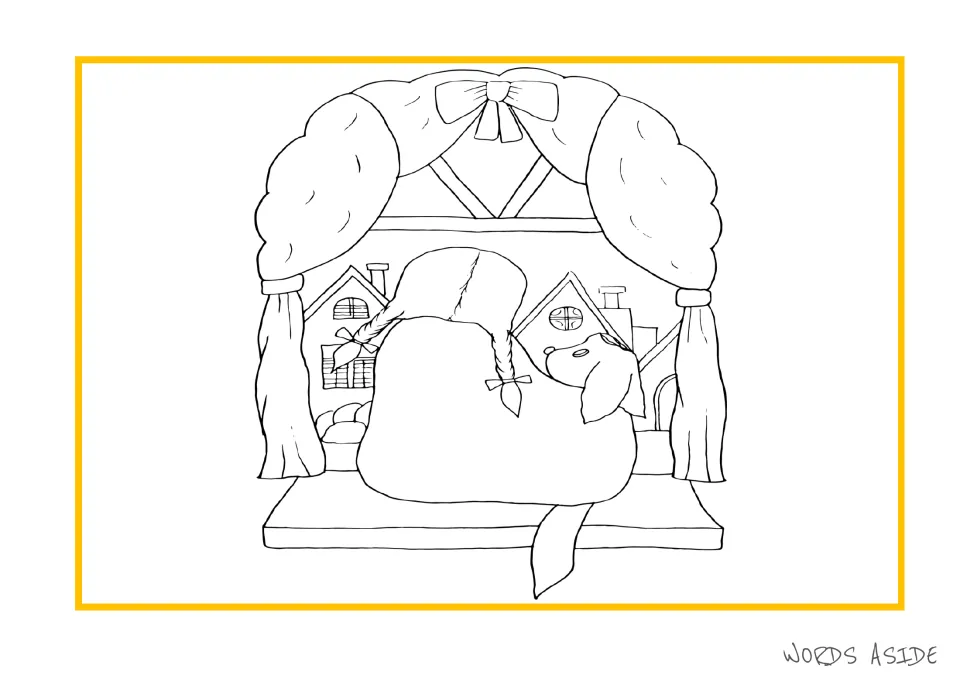 Story-development illustration of a person with braids and a dog looking out a window toward nearby houses