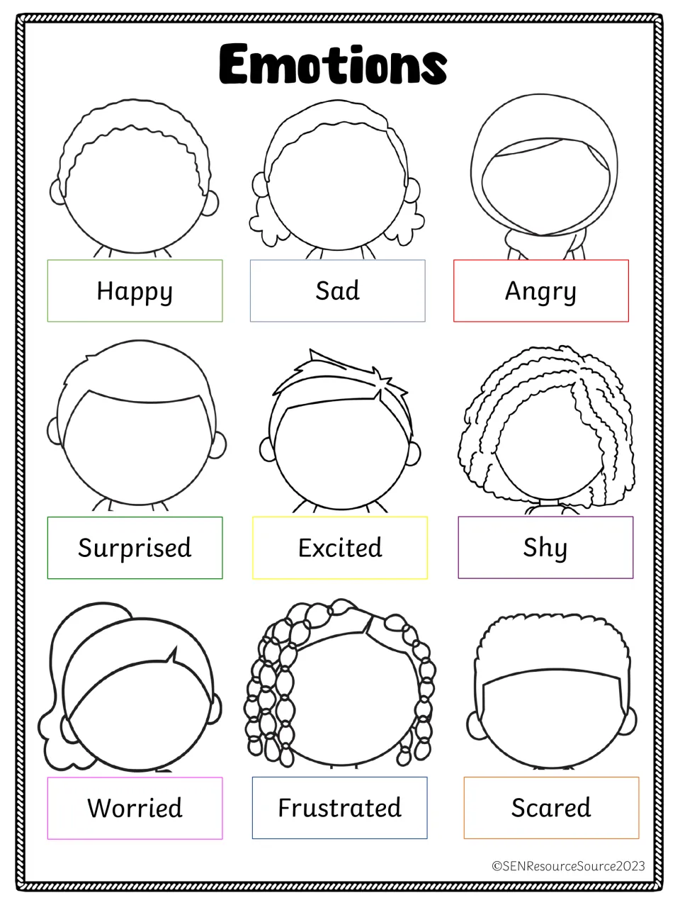 Emotions: students draw facial expressions on nine blank faces, from happy, sad and angry to worried, frustrated and scared