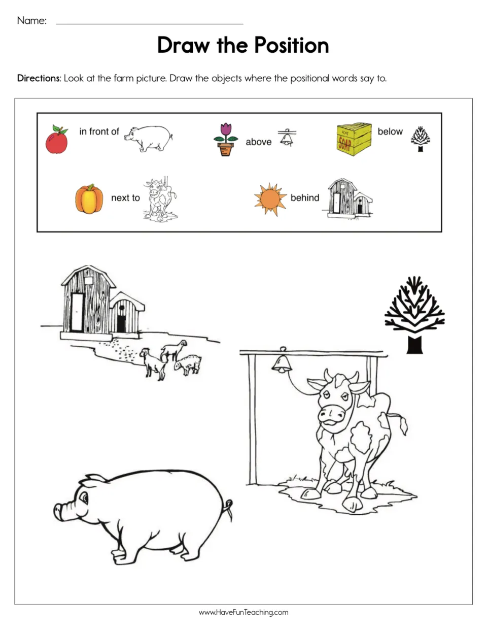 Positional words on a farm: students draw five objects in front of, above, below, next to or behind a pictured item
