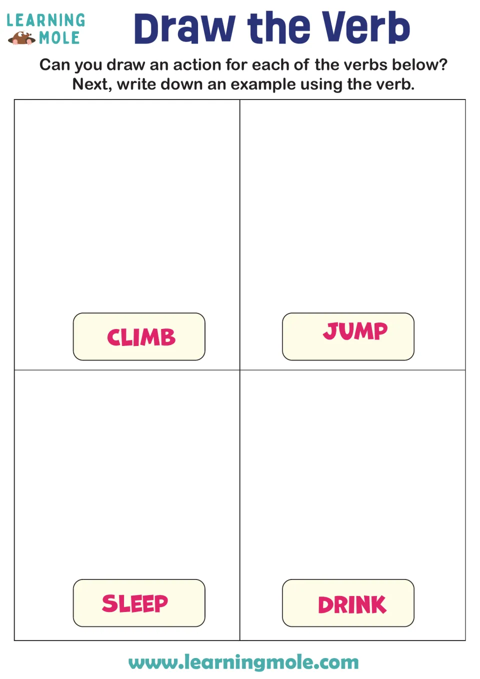 Action verbs: students draw an action for climb, jump, sleep and drink, then write an example sentence using each verb