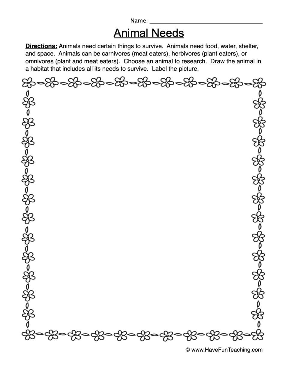 Animal needs worksheet: research an animal, then draw and label its habitat with food, water, shelter, and space.