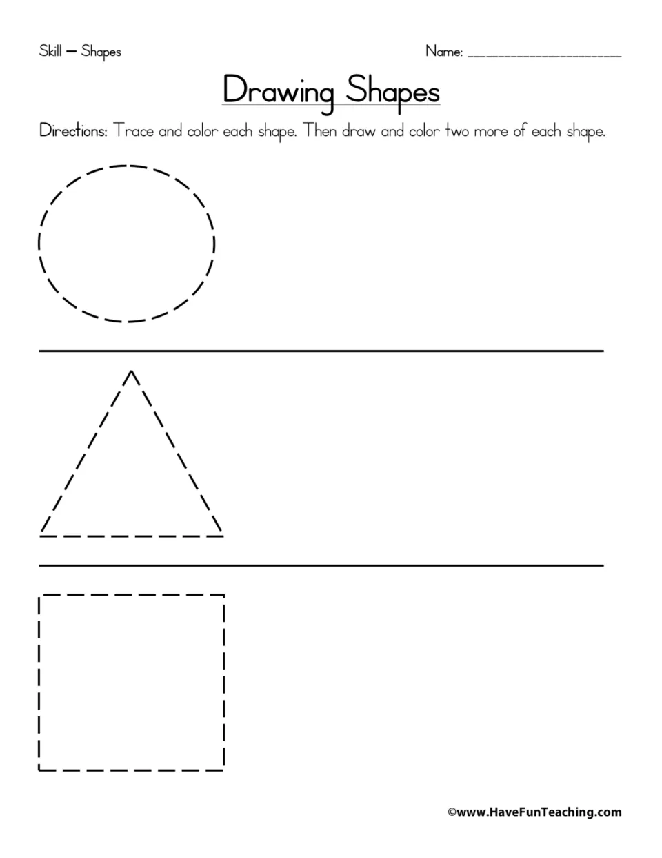 Drawing shapes: students trace and color a dashed circle, triangle and square, then draw and color two more of each