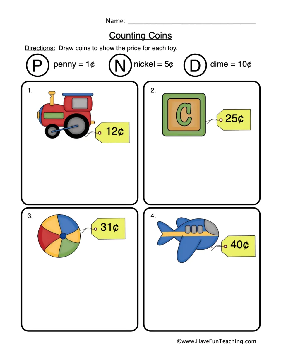 Coin drawing practice: train 12¢, block 25¢, ball 31¢, and plane 40¢, with penny, nickel, and dime values.