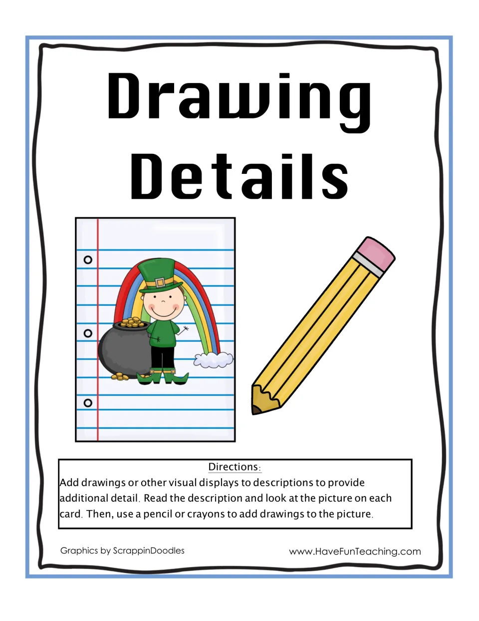 Drawing Details cover: leprechaun and rainbow art, plus directions to add drawings that match each card's sentence