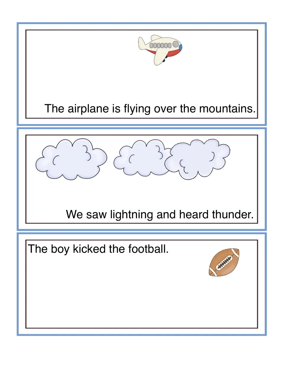 Picture cards: students draw mountains under the airplane, lightning in the clouds and a boy kicking the football