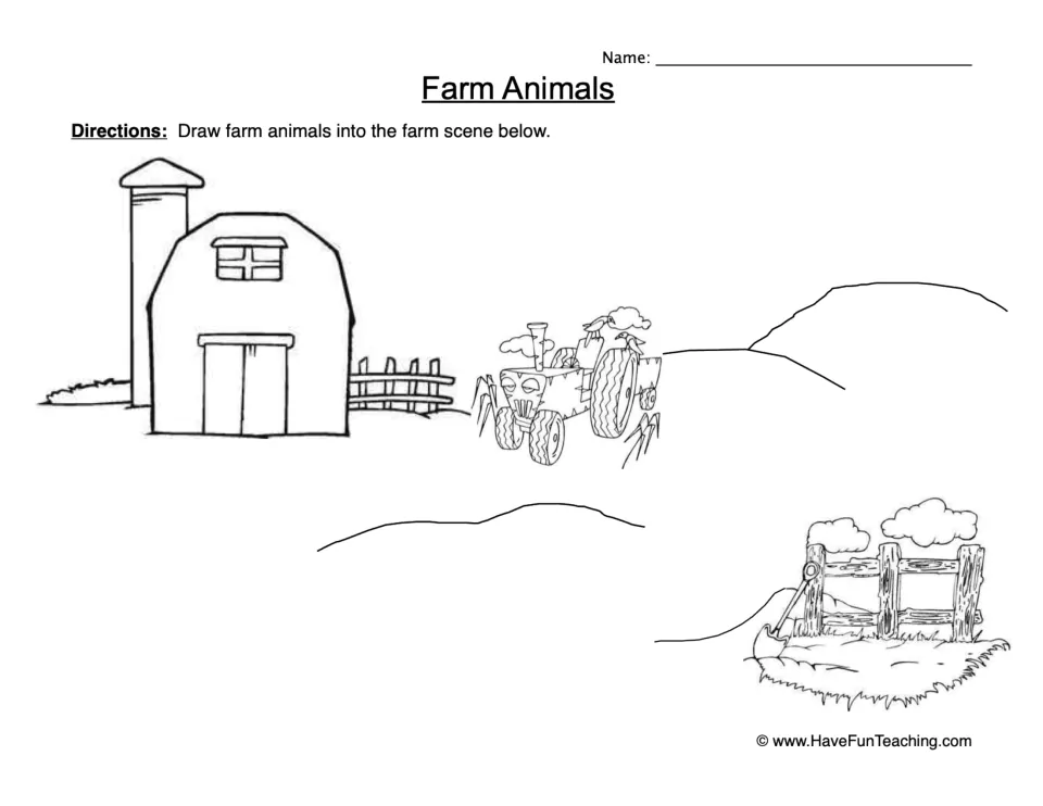Farm animal drawing worksheet: directions to draw animals in a farm scene with a barn, tractor, and fence.