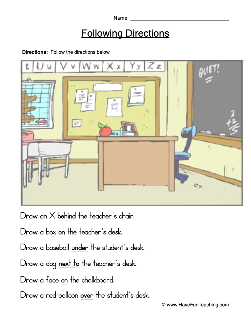 Following directions worksheet: six drawing tasks using behind, on, under, next to, and over in a classroom.