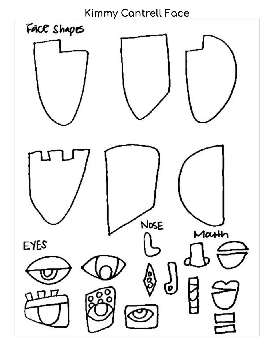 Face drawing guide titled “Kimmy Cantrell Face,” featuring six face shapes and eye, nose, and mouth options