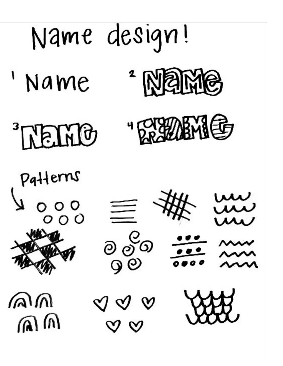 Name design drawing guide showing four lettering stages and patterns such as dots, spirals, and zigzags
