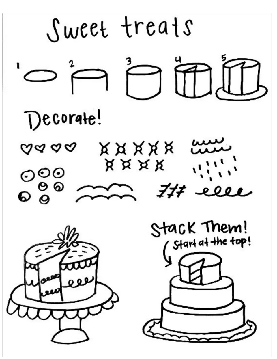 Sweet treats drawing guide showing five cake drawing steps, decoration patterns, and a stacked tier cake