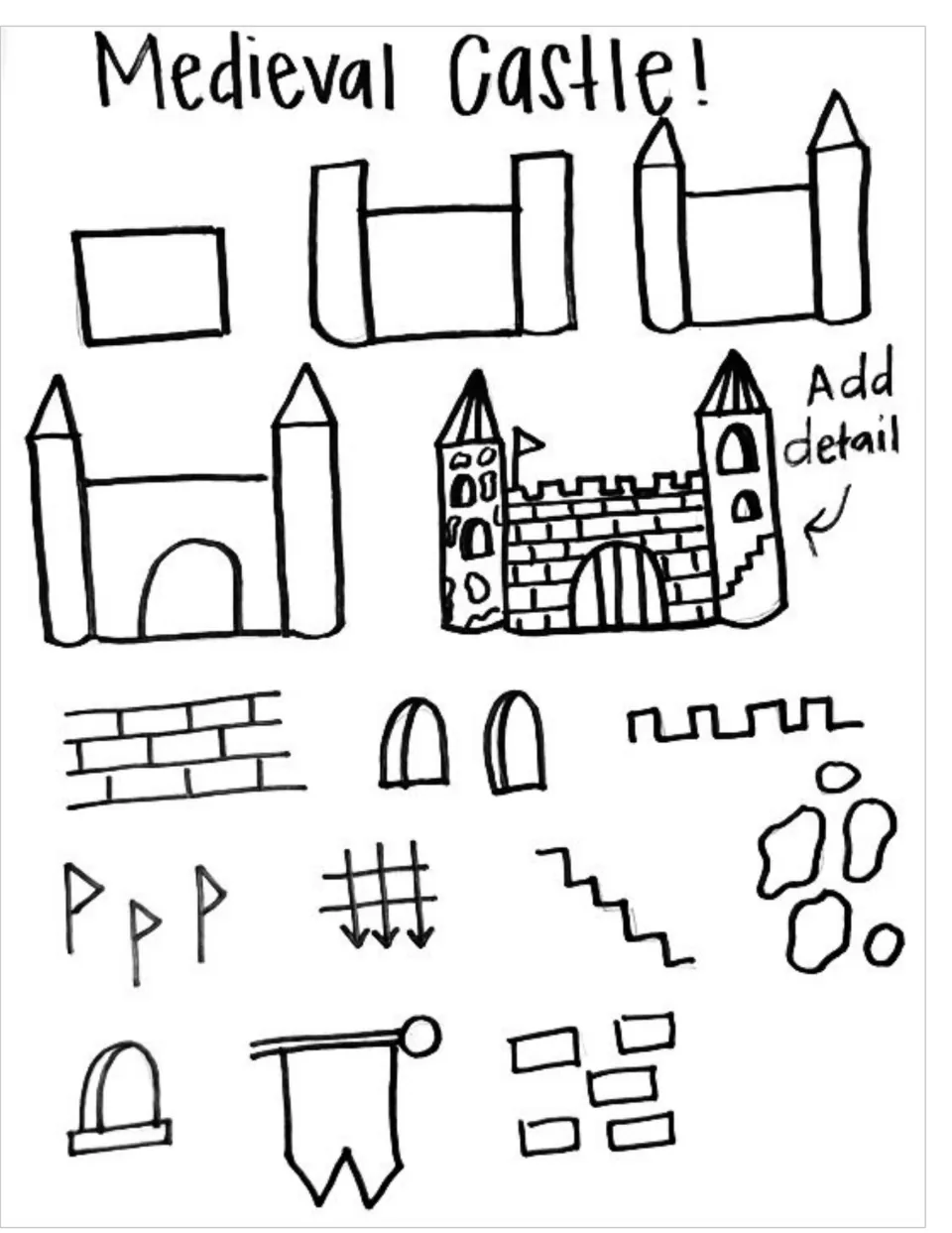 Medieval castle drawing guide showing a shape-building sequence and details such as bricks, windows, and flags