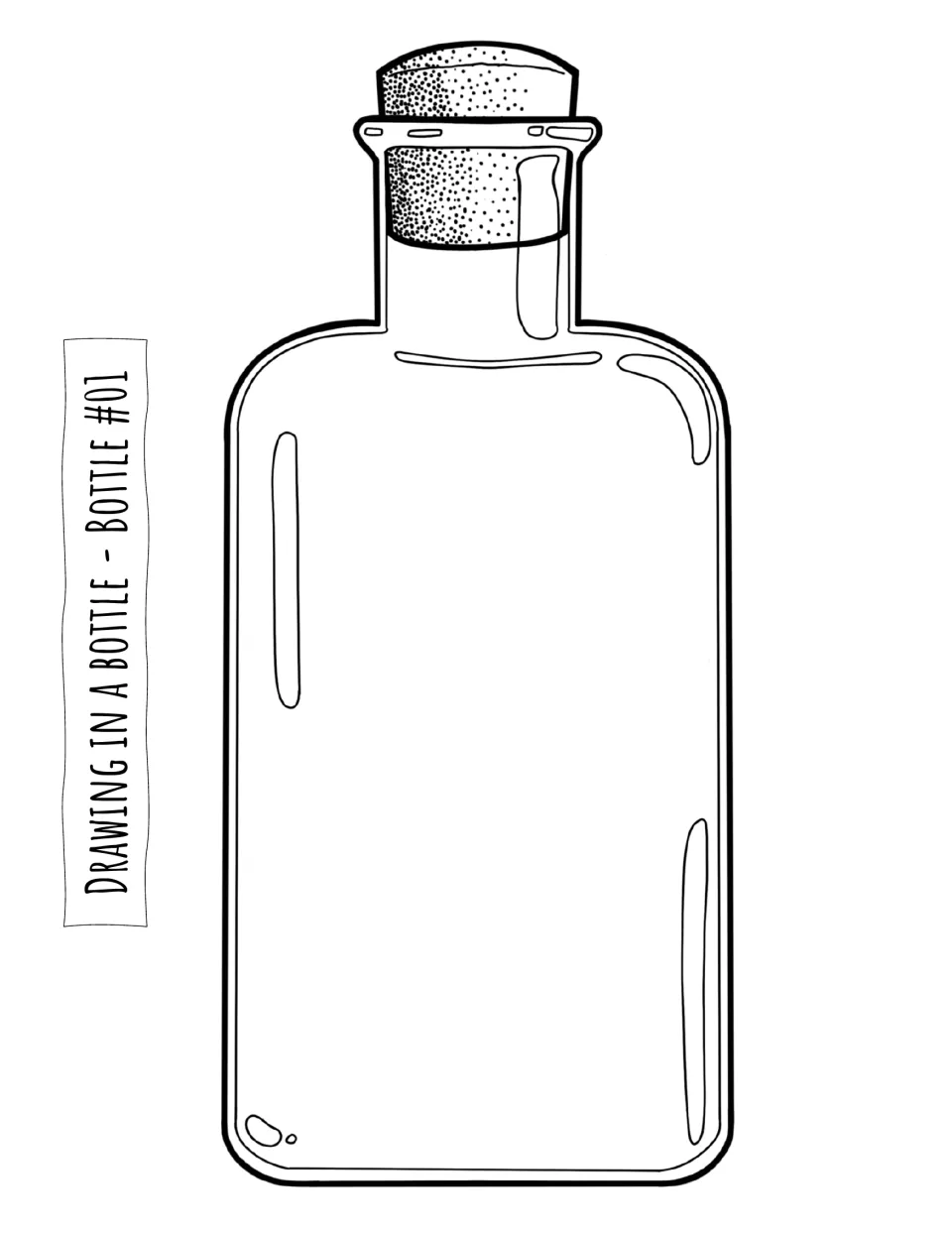 Bottle #01 drawing template: a tall rectangular bottle with rounded shoulders and a cork for drawing inside