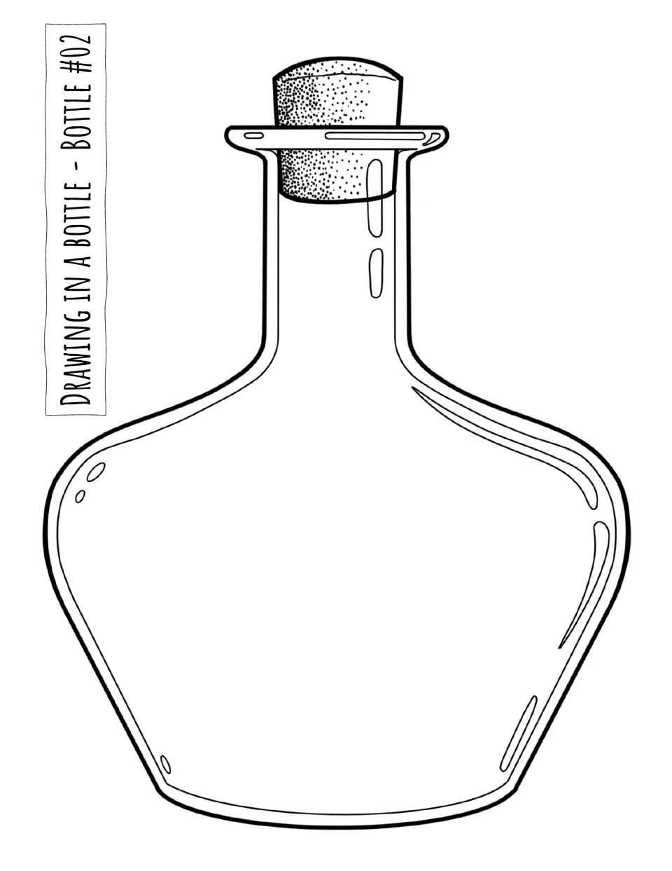 Bottle #02 drawing template: a wide bottle with sloping shoulders, a long neck, and a cork for drawing inside