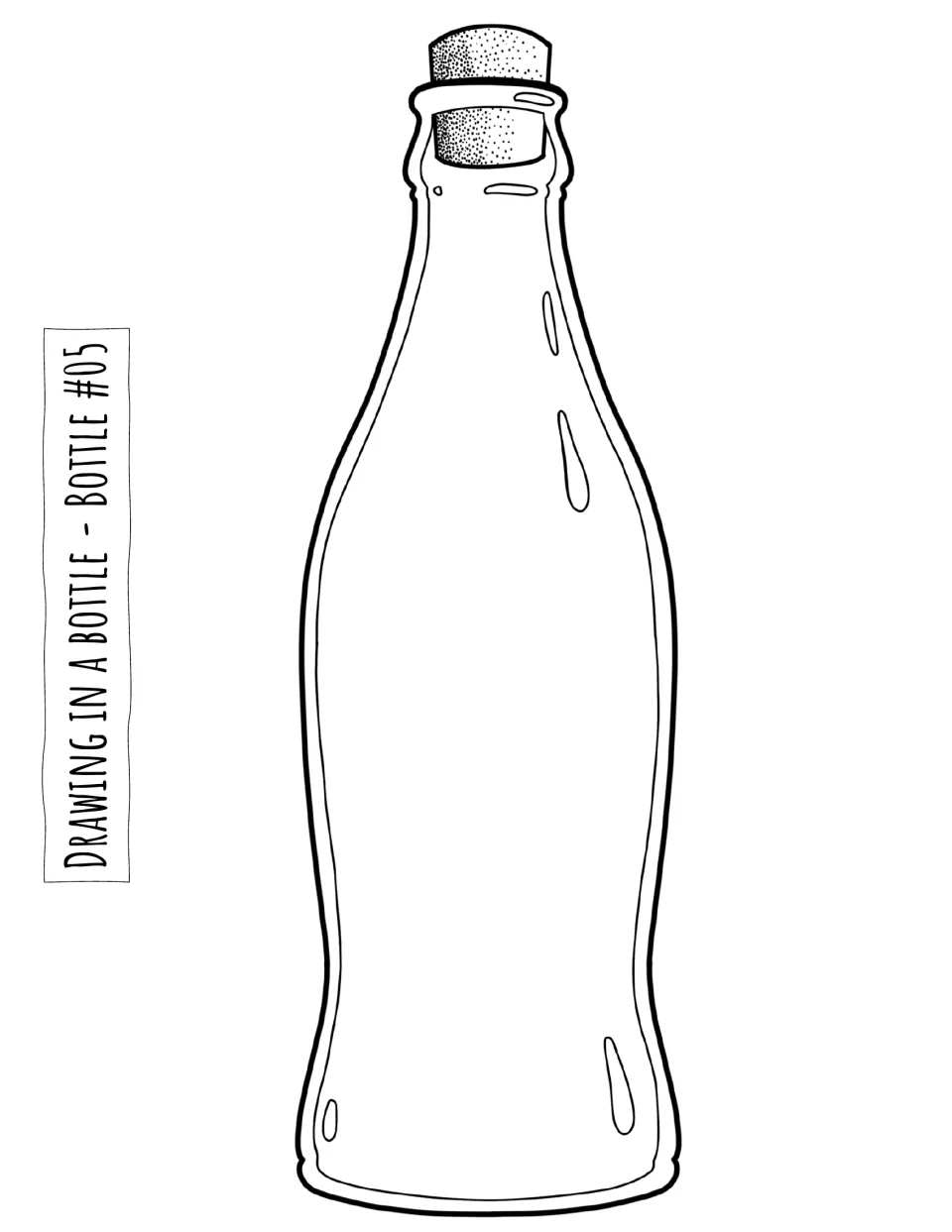 Bottle #05 drawing template: a slender corked bottle with curved sides and a narrow neck for drawing inside