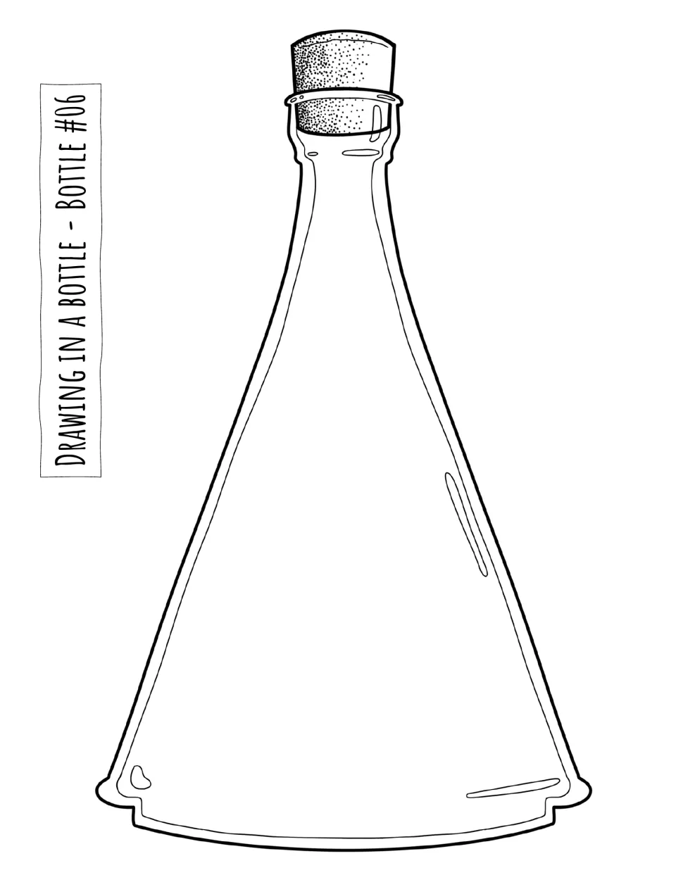 Bottle #06 drawing template: a corked bottle with a narrow neck and a broad triangular body for drawing inside