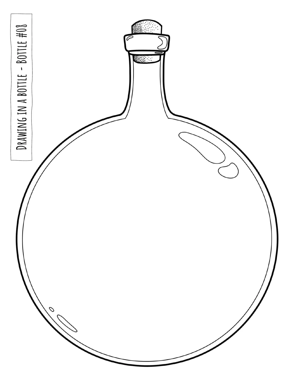 Bottle #08 drawing template: a corked bottle with a large circular body and a narrow neck for drawing inside