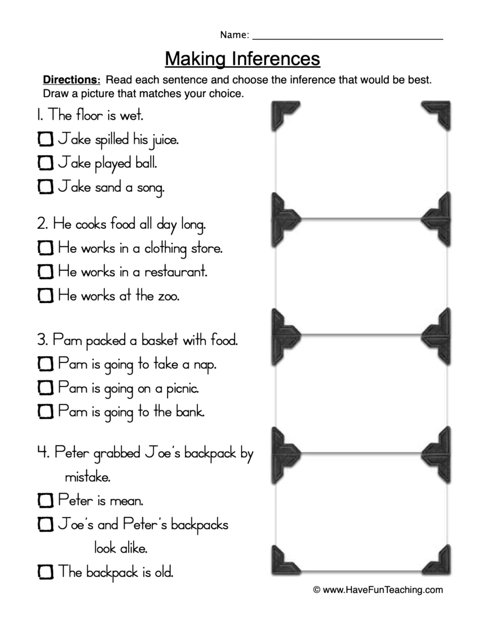 Inference practice: four situations about a wet floor, cooking, a packed basket, and a backpack mix-up