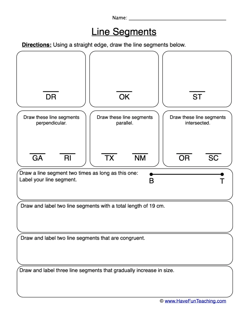 Line Segments: students use a straight edge to draw named segments, then perpendicular, parallel and congruent pairs