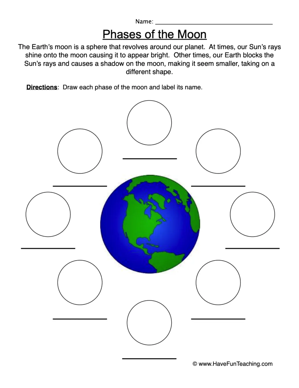 Moon phase drawing worksheet: draw and name eight phases around Earth beneath a short introductory paragraph.