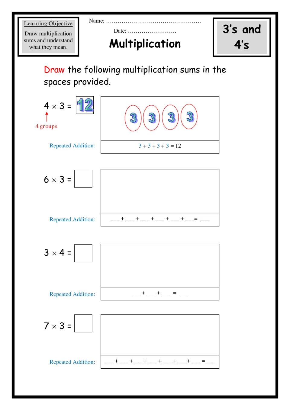 3s and 4s multiplication: following a worked 4 x 3 example, students draw 6 x 3, 3 x 4 and 7 x 3 as equal groups