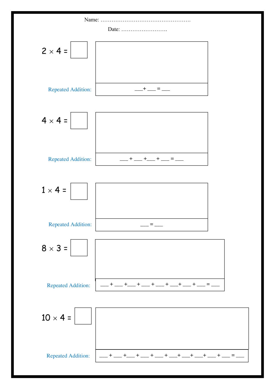 Multiplying by 4 and 3: students draw 2 x 4, 4 x 4, 1 x 4, 8 x 3 and 10 x 4 as groups and write each as repeated addition