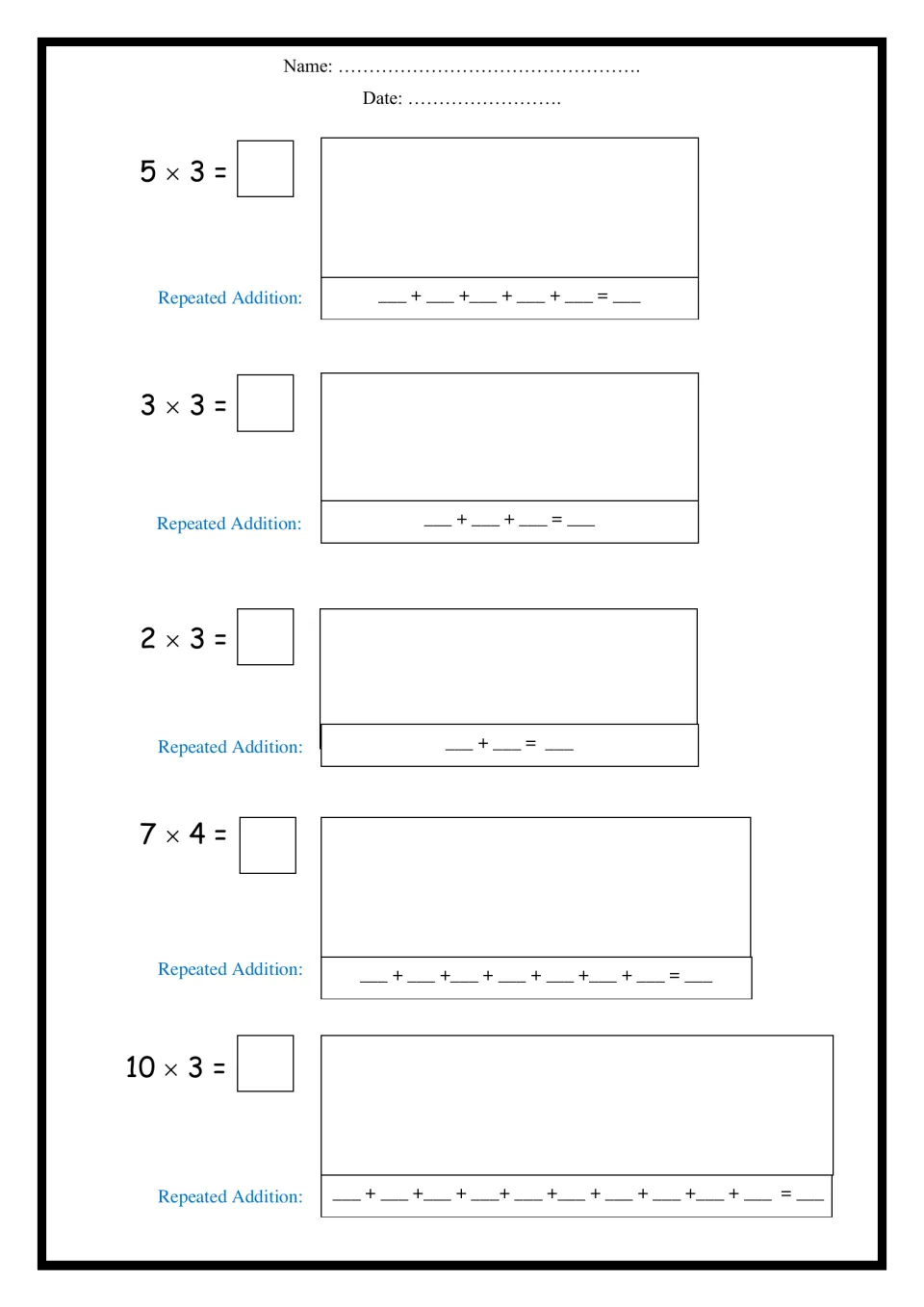 Equal groups for 3s and 4s: students draw 5 x 3, 3 x 3, 2 x 3, 7 x 4 and 10 x 3, then fill in matching repeated addition