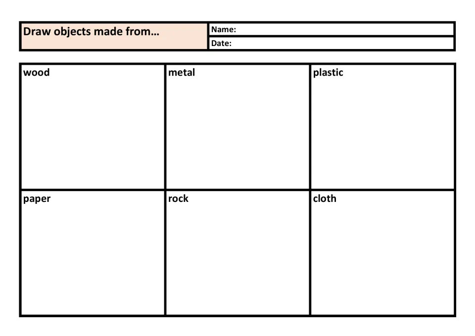 Materials sort by drawing: students draw everyday objects made from wood, metal, plastic, paper, rock and cloth