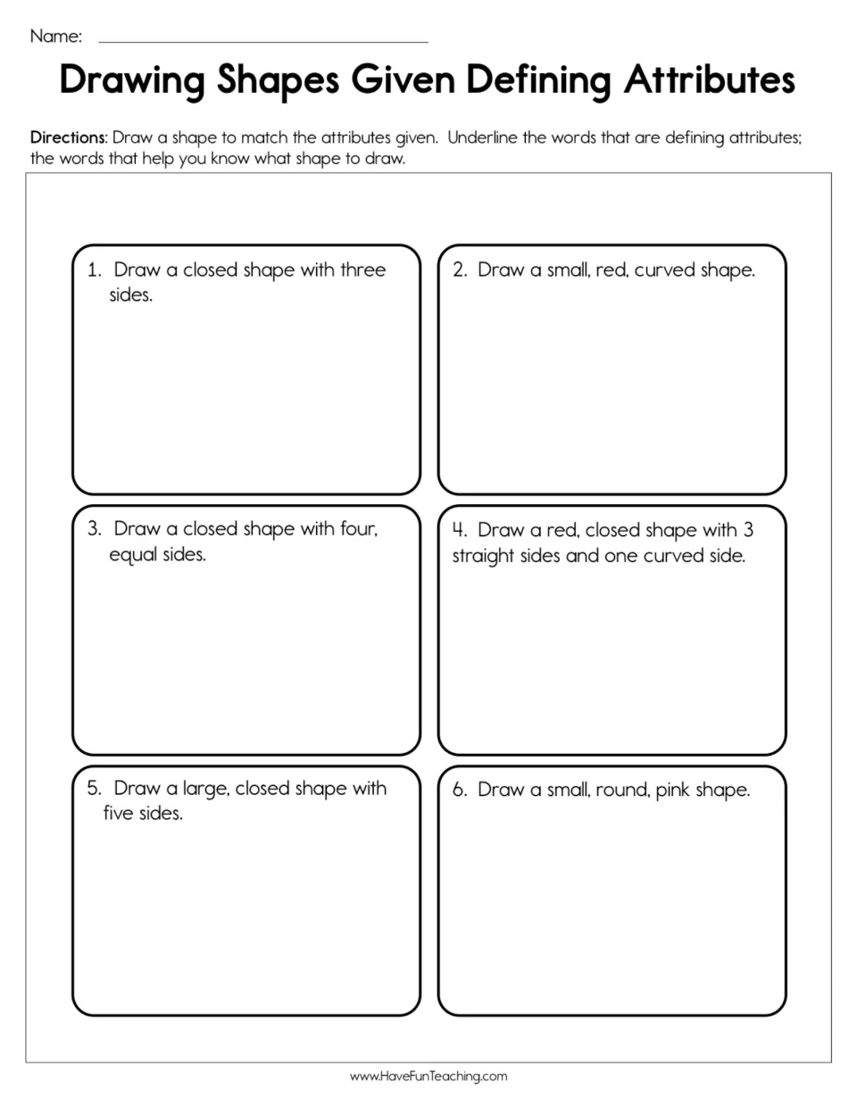 Shape attributes: students draw 6 shapes from clues like three sides or small, red, curved and underline the defining words