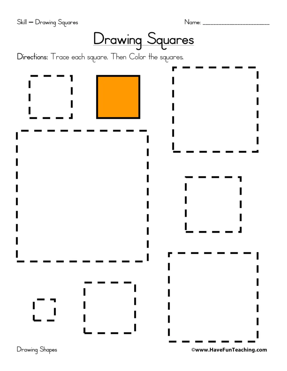 Drawing squares: students trace 7 dashed squares in sizes from tiny to large, then color them; one orange model