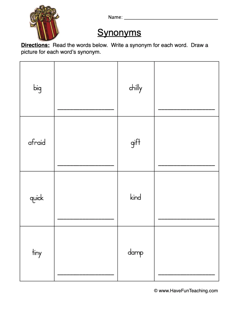 Synonyms: students write a synonym for each of 8 words (big, chilly, afraid, gift, quick, kind, tiny, damp) and draw it