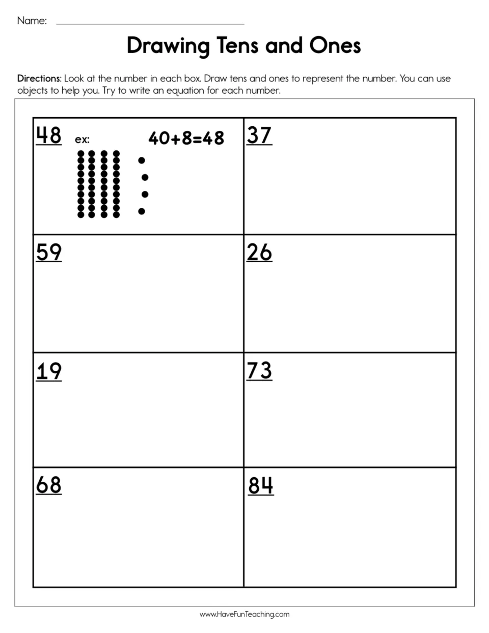 Place value: students draw tens columns and ones dots for 37, 59, 26, 19, 73, 68 and 84, then write an addition equation