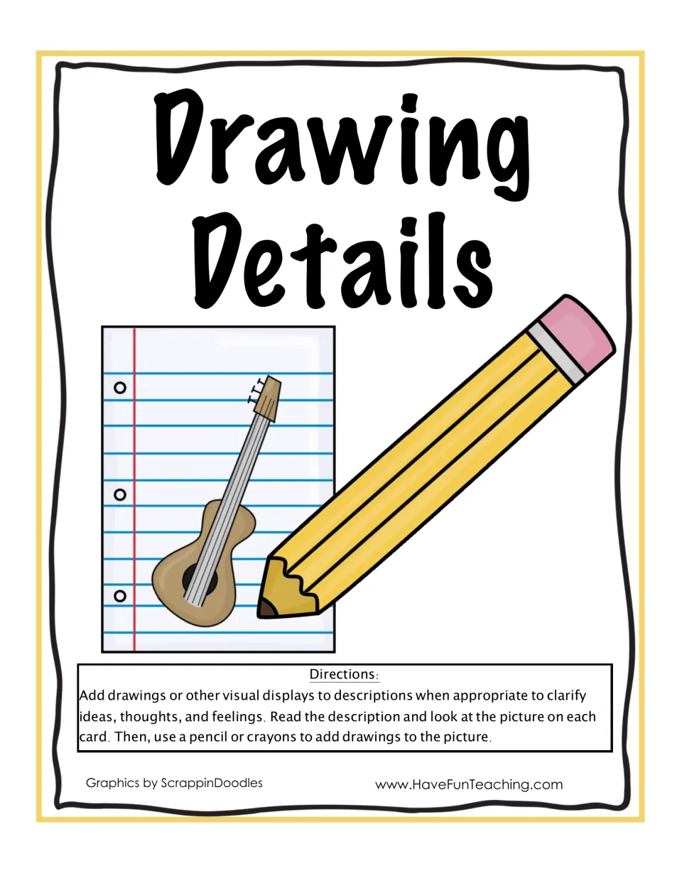 Drawing Details cover: a pencil drawing a guitar, with directions to read each card and add drawings that match the text