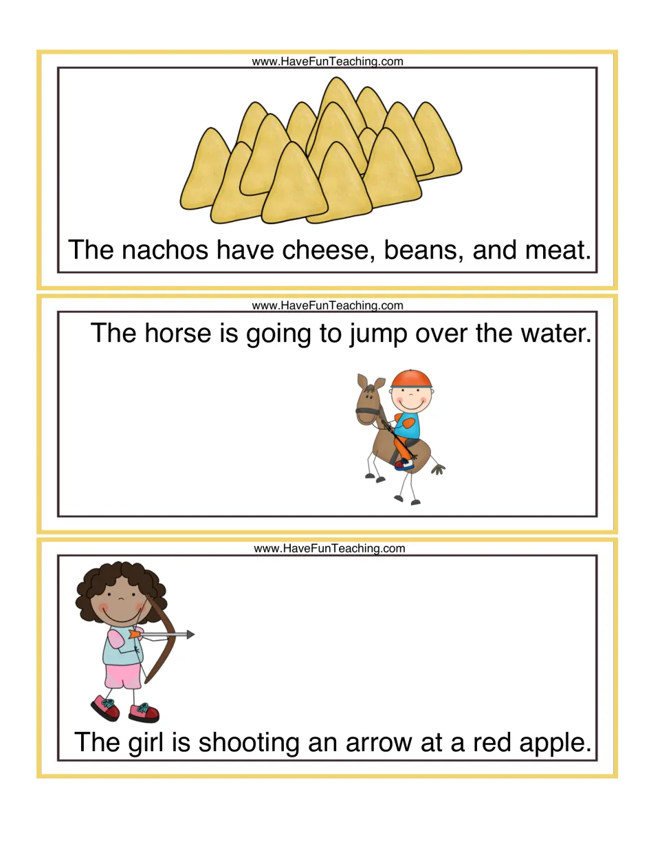 Adding details cards: students draw cheese, beans and meat on nachos, water for a horse to jump, and an apple for an archer