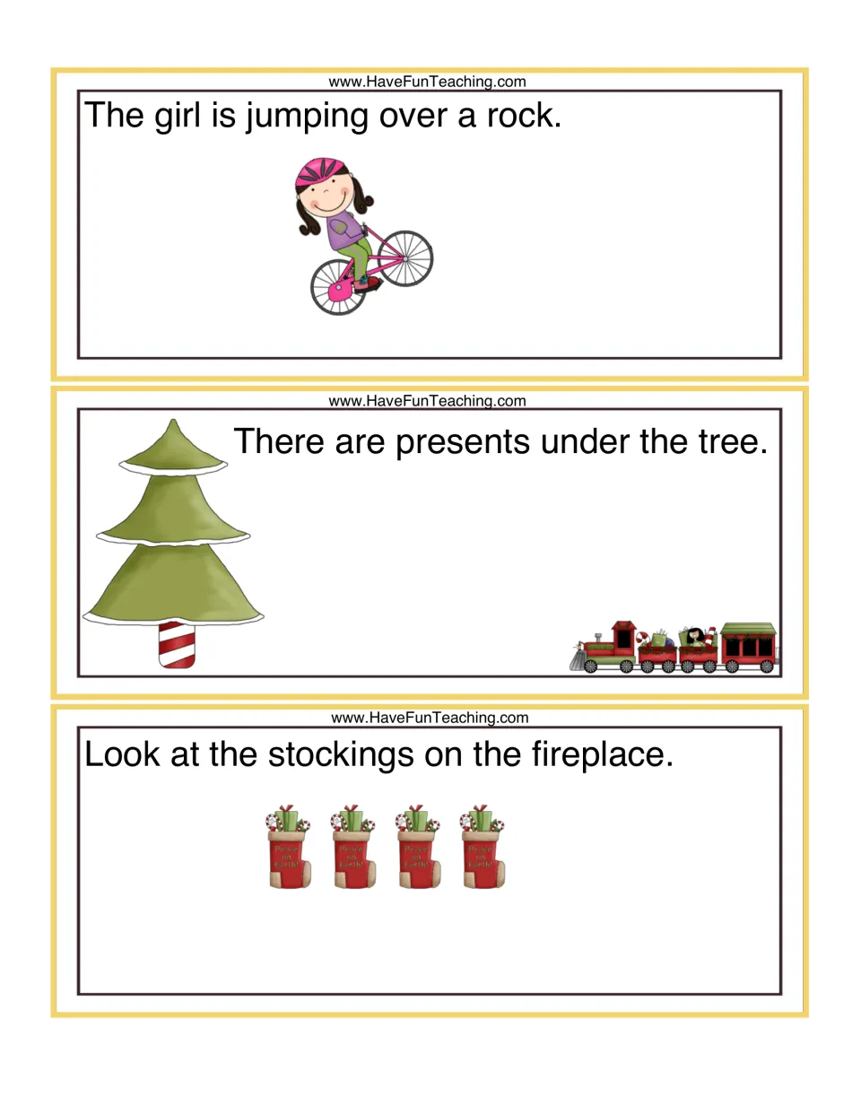 Holiday and outdoor cards: students draw a rock for a girl on a bike, presents under a tree and a fireplace for stockings
