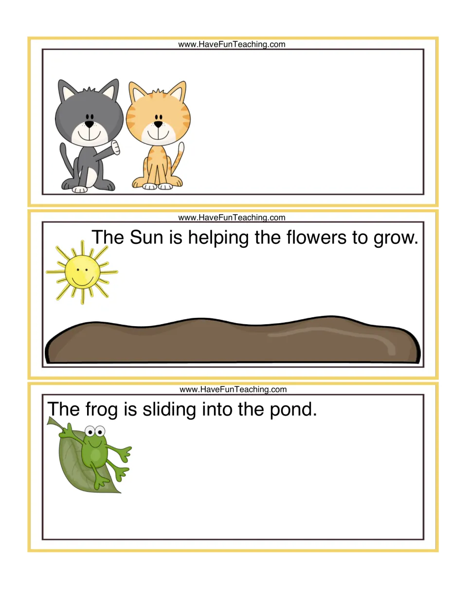 Picture-detail cards: two cats with no sentence, flowers to draw under the Sun, and a pond for a frog sliding on a leaf