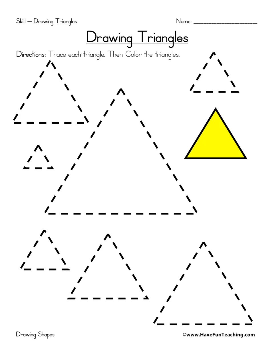 Triangle tracing worksheet: seven dashed triangles of different sizes to trace and color, plus a yellow example