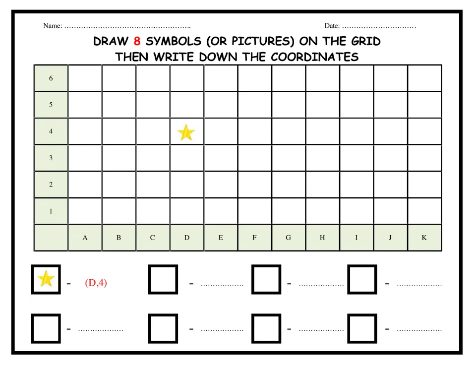 Coordinate drawing practice: draw 8 symbols or pictures and write their coordinates, with a star at (D,4).