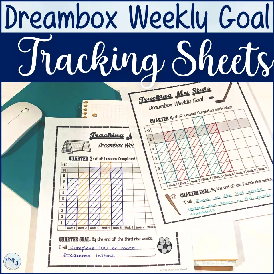 Cover: Dreambox goal tracking sheets shown filled in, with colored weekly lesson bar graphs and handwritten quarter goals
