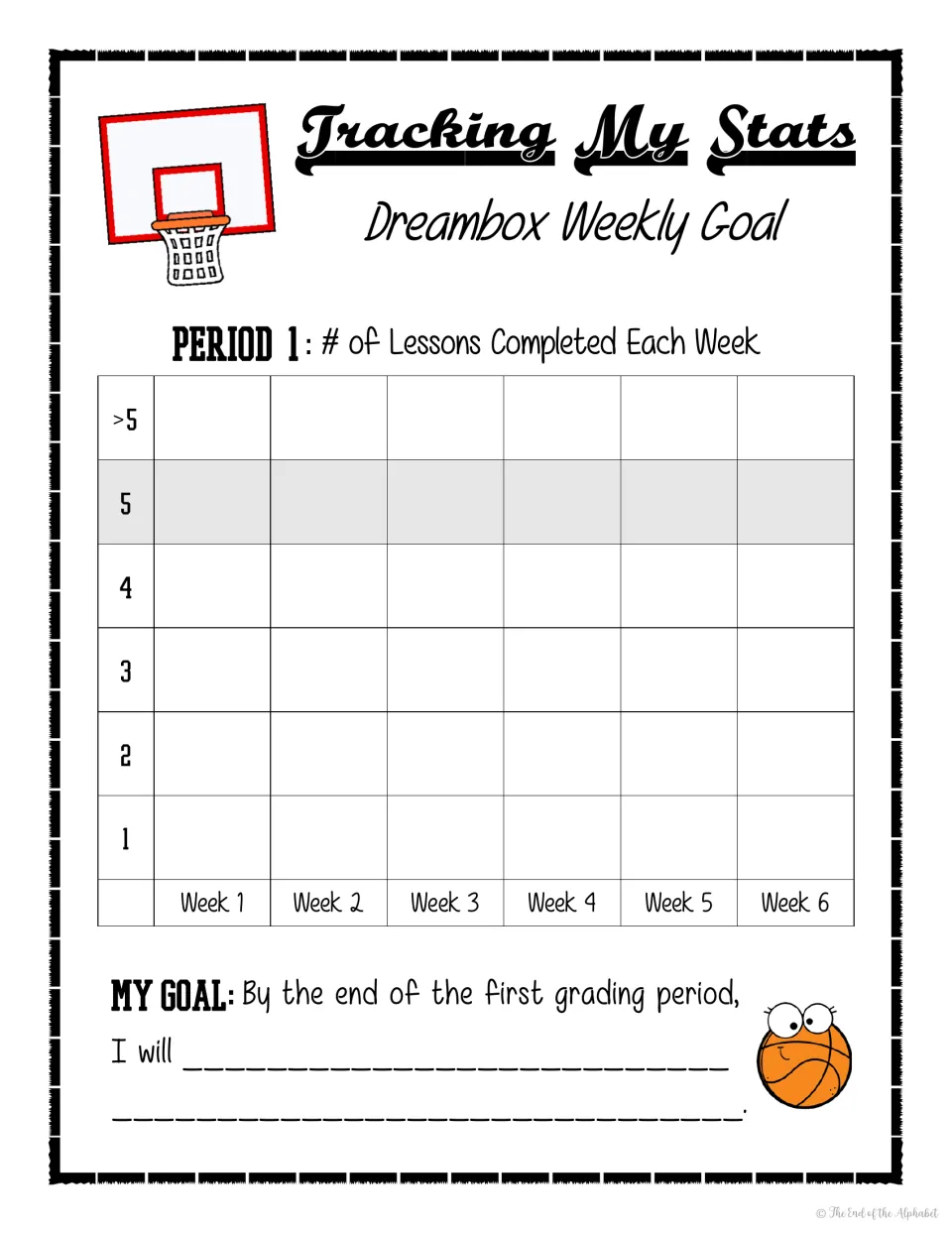 Period 1 basketball tracker: students graph Dreambox lessons completed in weeks 1 to 6 on a 1 to >5 scale, then write a goal