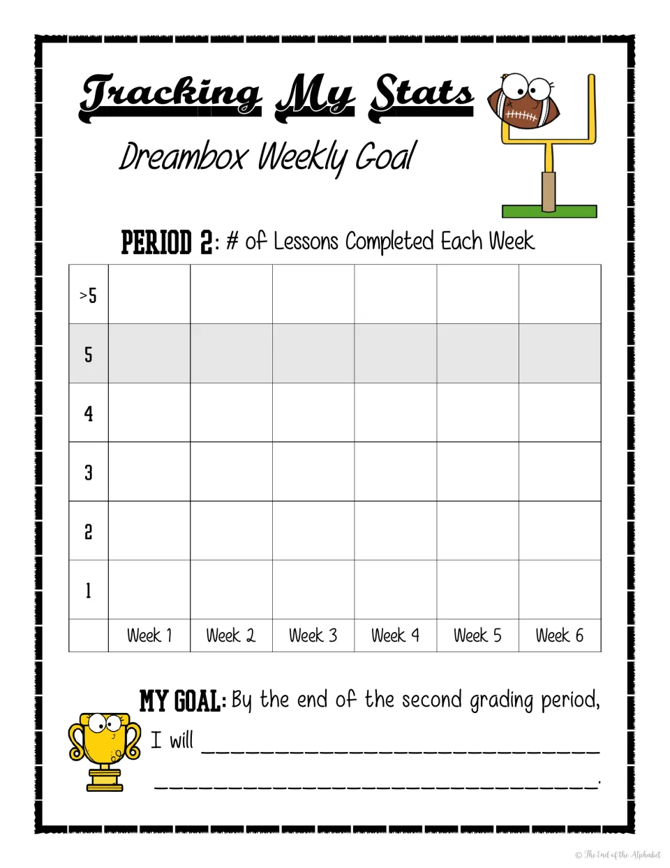 Period 2 football tracker: students bar-graph weekly Dreambox lessons from 1 to over 5 for six weeks and set a period goal