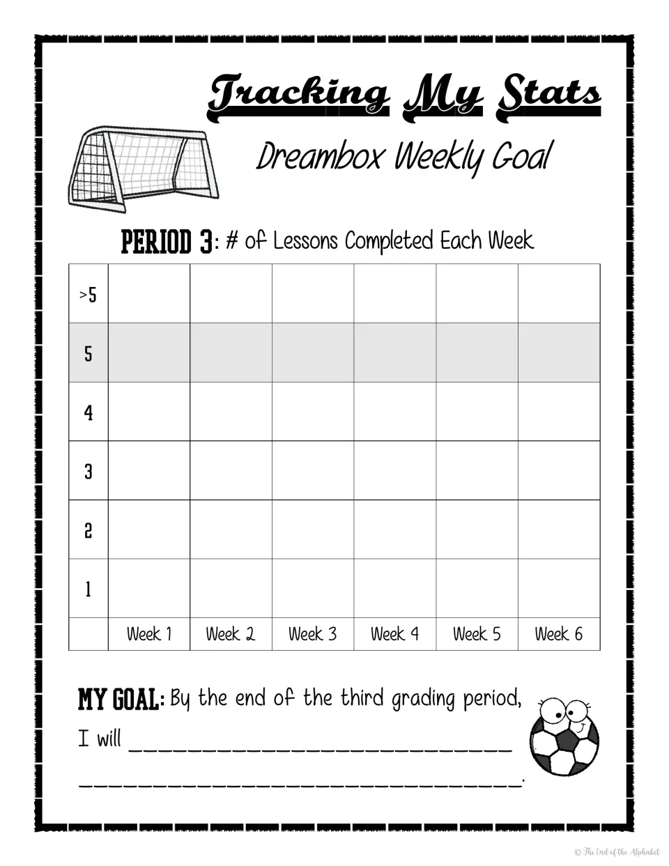 Period 3 soccer stats sheet: students shade weekly Dreambox lesson counts up to 5+ over six weeks and finish an I will goal